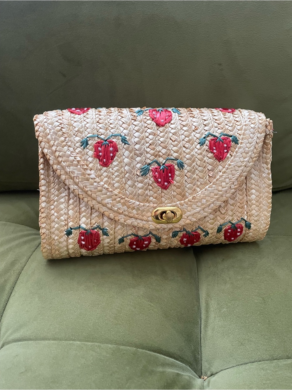 Collectif Straw Clutch with Red Strawberry Embroidery